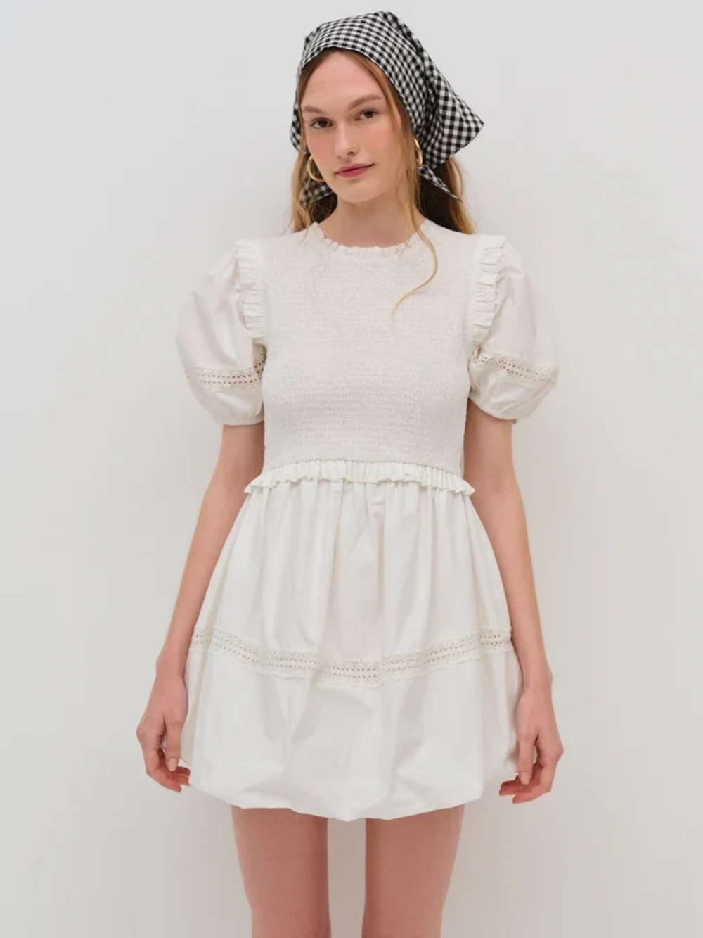 NWT For Love & Lemons “Sandy” White Smocked Mini Dress w Puff Sleeves, Lace Trim